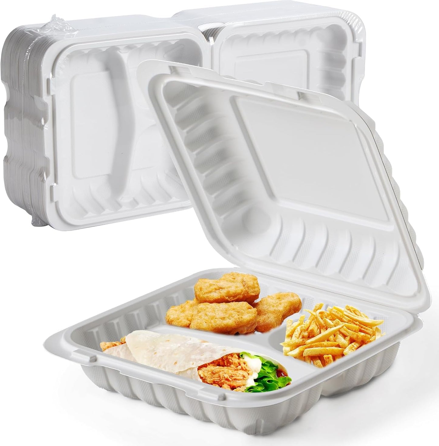 Food Containers 7.8" 30 oz 65 Pack - BPA Free Mineral Filled PP Plastic | 3 Compartment Shrink Wrap Clamshell Stackable | Reusable Freezer & Microwave Safe | White Commercial Takeout Boxes