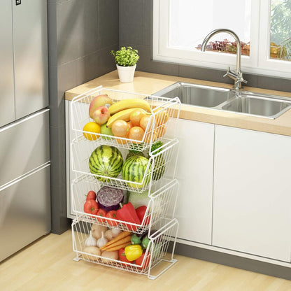 PUSDON 4-Tier Spacious Stackable Wire Storage Baskets with Wheels, Metal Rolling Utility Cart Organizer, Fruit and Vegetable Produce Basket for Kitchen Pantry, Everyday Bathroom Shelf, Silver Grey
