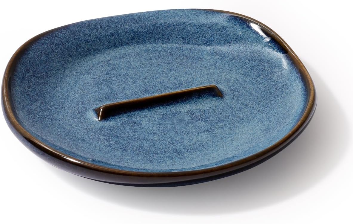 Ceramic Spoon Rest with Egg Cracker, Reactive Glaze Blue