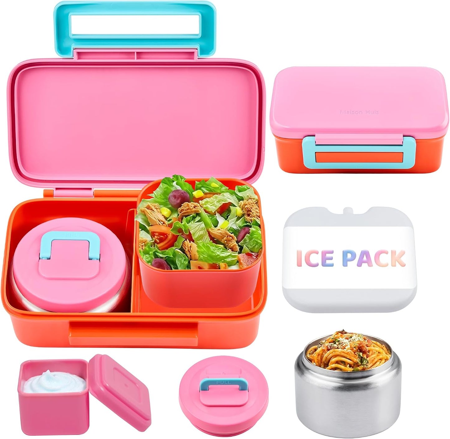 JXXM Bento Lunch Box for Kids With 8oz Thermo, Leakproof Bento Box with with 2 Compartments, Insulated Bottle, Lunch Bag, BPA Free Dishwasher Safe for School Girls Boys (Pink)