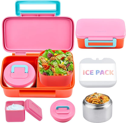 JXXM Bento Lunch Box for Kids With 8oz Thermo, Leakproof Bento Box with with 2 Compartments, Insulated Bottle, Lunch Bag, BPA Free Dishwasher Safe for School Girls Boys (Pink)