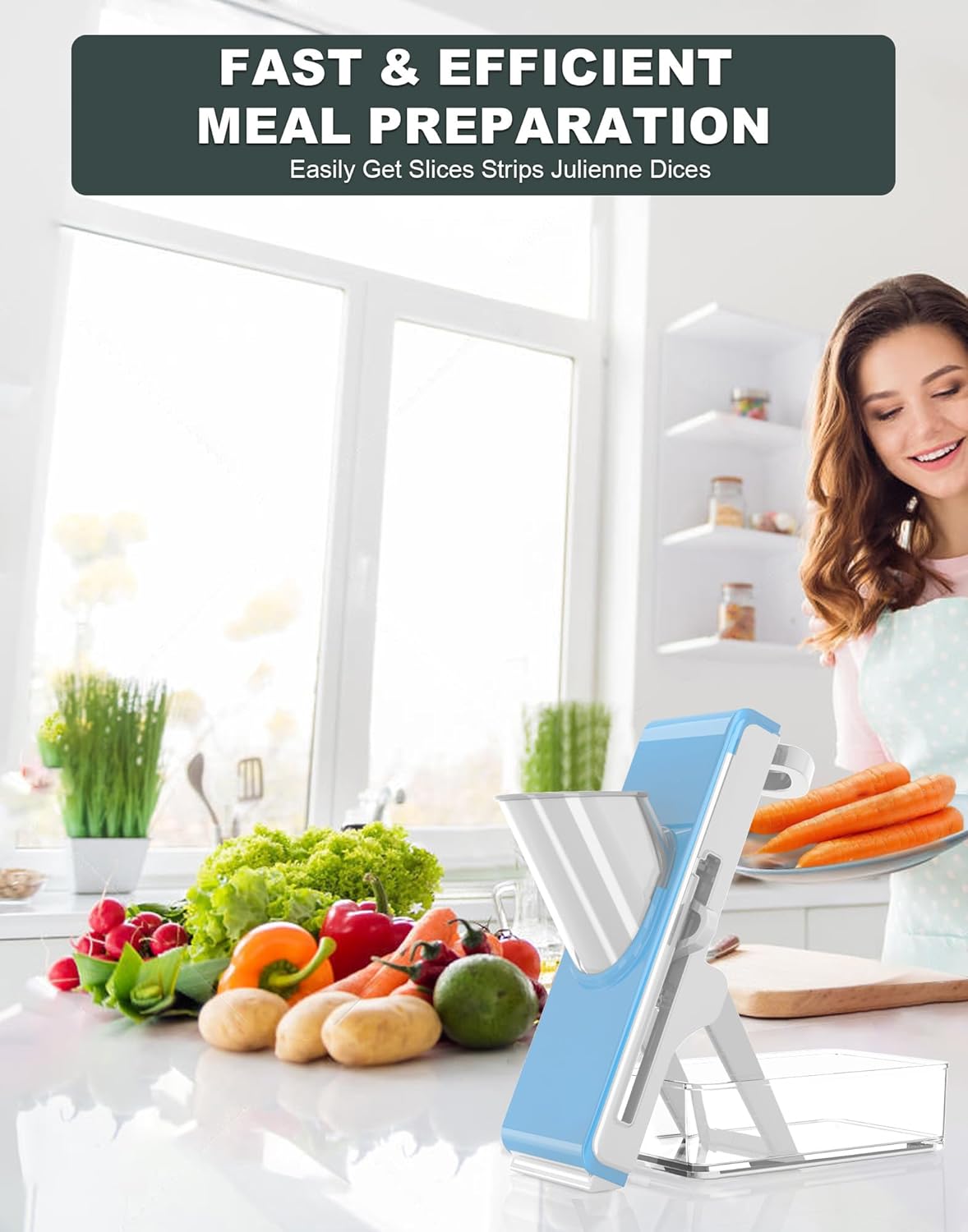 Eletronova Safe Mandoline Slicer for Kitchen, Vegetable Slicer with Container, French Fry Cutter, All in 1 Julienne Slicer for Potato, Thickness Adjustable, Detachable Blade (Gray)