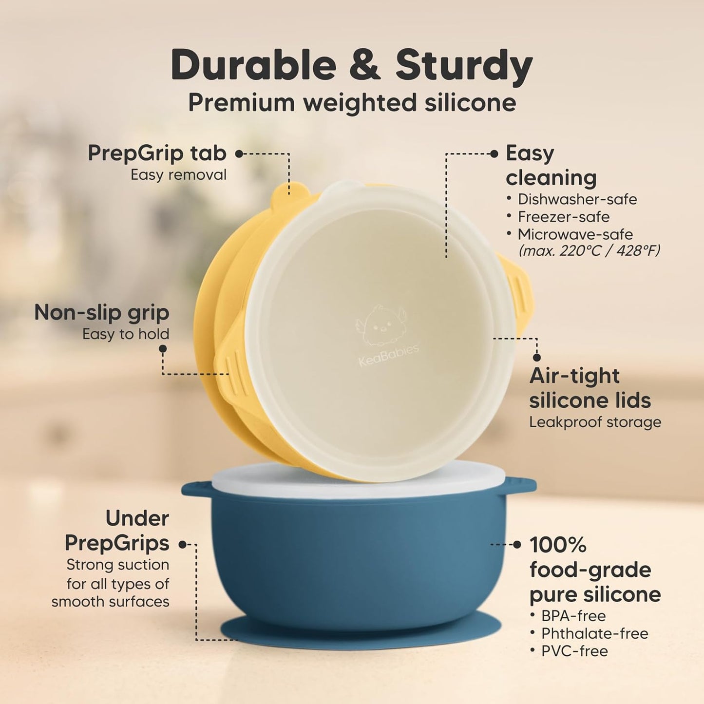 KeaBabies 2-Pack Baby Bowls with Suctions, Lids - Silicone Toddler Suction Bowls for Baby Boy, Girl, Kids, Food Grade Silicone, BPA-Free, Dishwasher Safe, Toddler Eating Essentials (Terracotta)