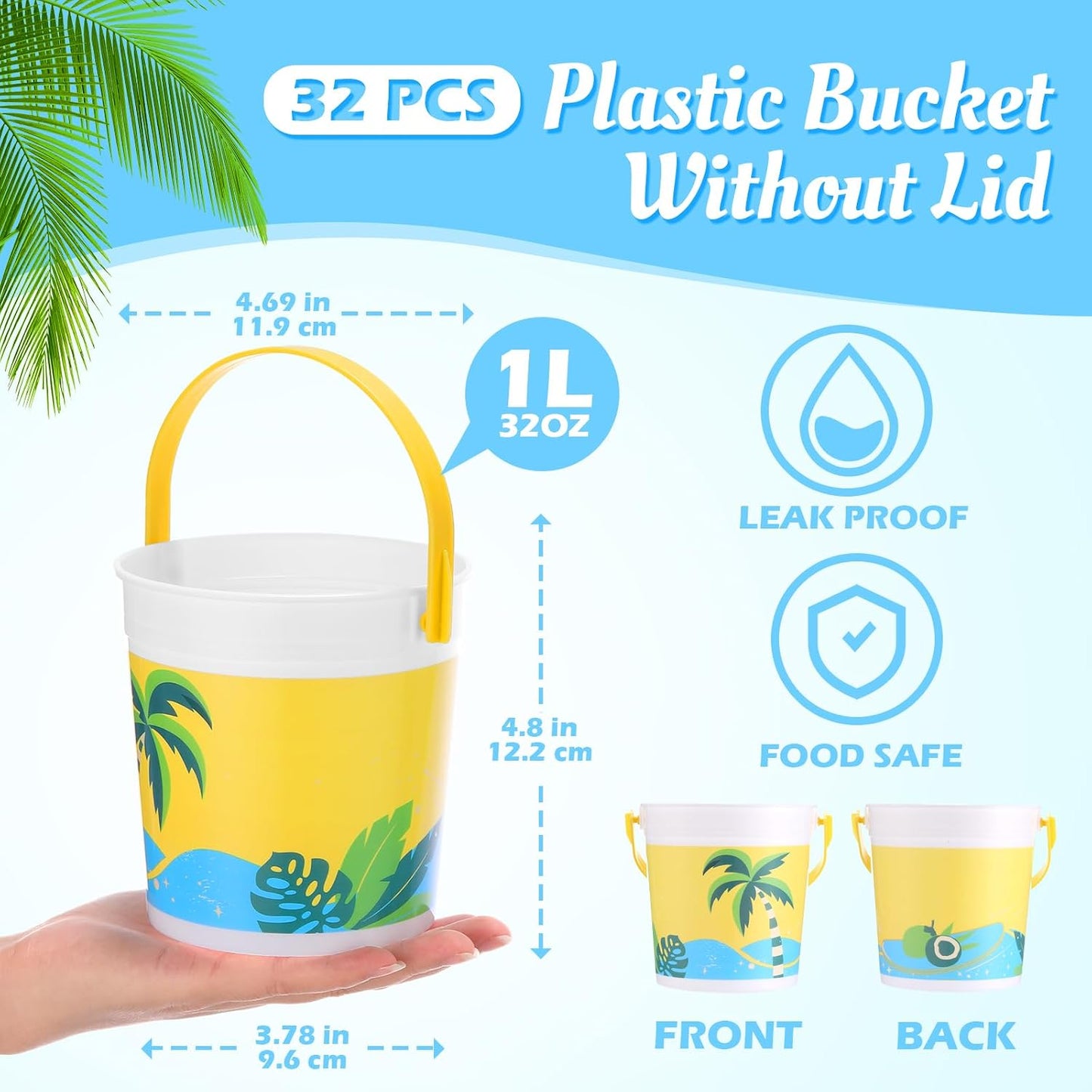 20 Pcs 32 oz Plastic Cocktail Rum Buckets with Handles for Drinks with 100 Colorful Straws Reusable Portable Drink Buckets for Beach Summer Bar Parties