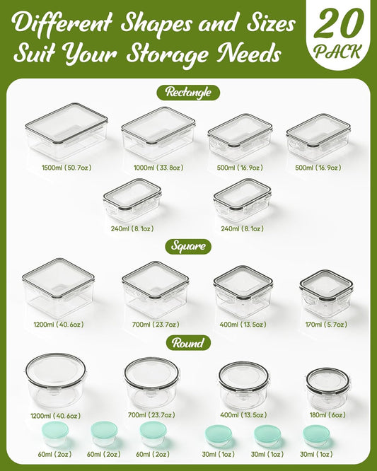 40 Piece Food Storage Containers with Lids(20 Containers & 20 Lids), BPA-Free Plastic Food Containers for Kitchen Storage and Organization, Leak Proof Meal Prep Container, Includes Labels & Pen
