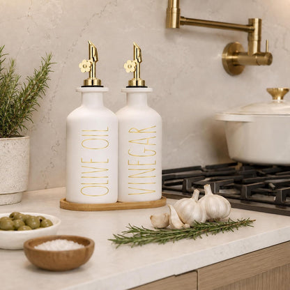 HOMCDALY Premium Olive Oil Dispenser for Kitchen, 11.8oz Glass Oil Bottles with Bamboo Tray, White Oil&Vinegar Cruet Set, Kitchen Dispenser Bottles with Pourer| Set of 2 (11.8oz –P–White)