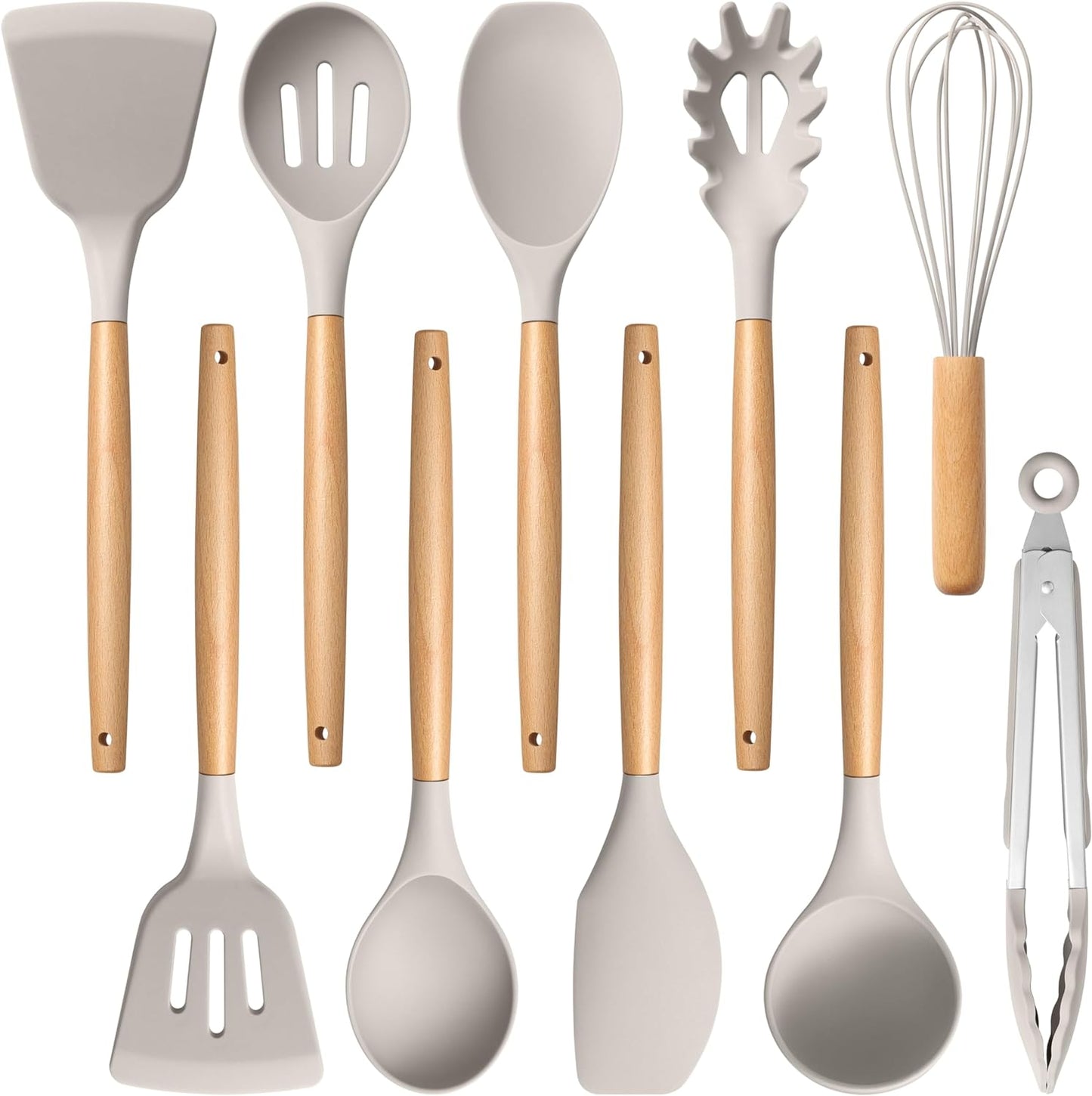 E-far Silicone Cooking Utensils Set, 5-Piece Kitchen Utensils Set with Wooden Handle for Cooking, Silicone Kitchen Nonstick Tools Spatula Turner Slotted Spoons, Nontoxic & Heat Resistant-Khaki