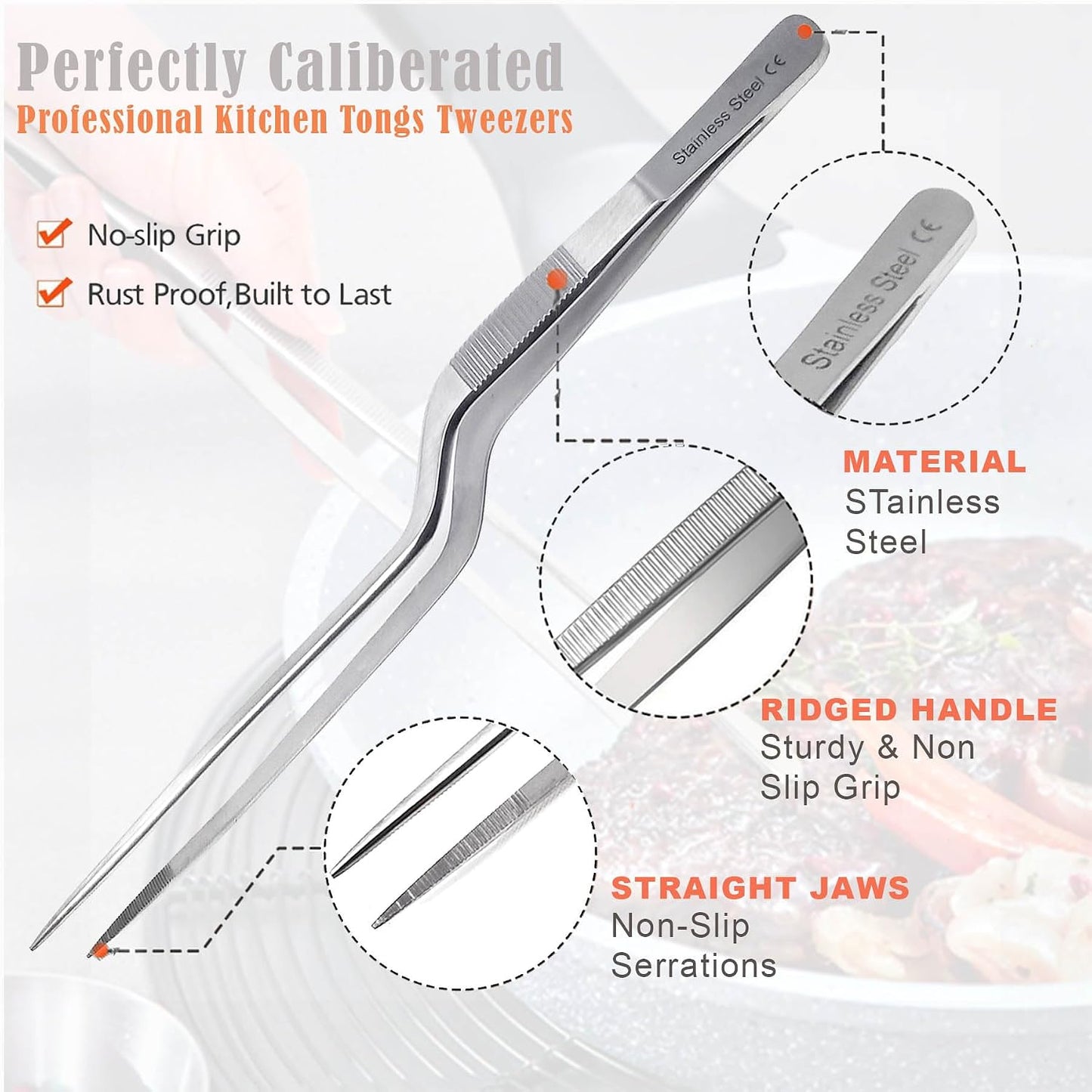 A2Z Offset Kitchen Tweezers, Stainless Steel Precision Tongs For Cooking, Fine Point Serrated Tips Multi-function Cooking Tongs Kitchen Serving Tong, Plates Garnish, Cake Decorating (10 inch)