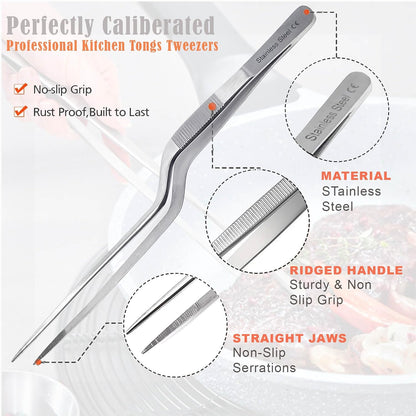 A2Z Offset Kitchen Tweezers, Stainless Steel Precision Tongs For Cooking, Fine Point Serrated Tips Multi-function Cooking Tongs Kitchen Serving Tong, Plates Garnish, Cake Decorating (10 inch)
