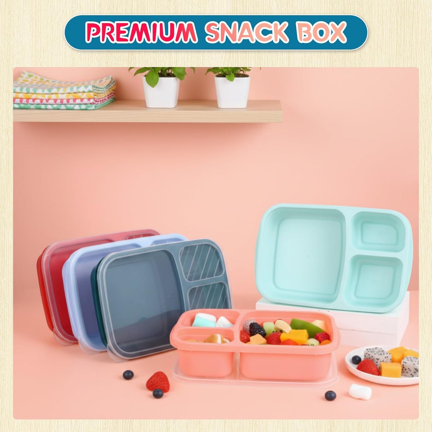 Honeydak 5 Pack Snack Containers 3 Compartment Bento Snack Boxes Divided Meal Prep Containers with Lids Reusable Adults Lunch Food Storage Box for School Work Travel(Elderberry)