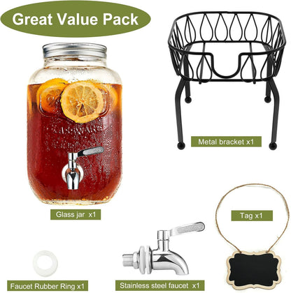 2 Gallon Beverage Dispenser with Stand and Lid, 18/8 Stainless Steel Spigot - Mason Jar Drink Dispensers with Lids, Glass Drink Dispensers for Parties