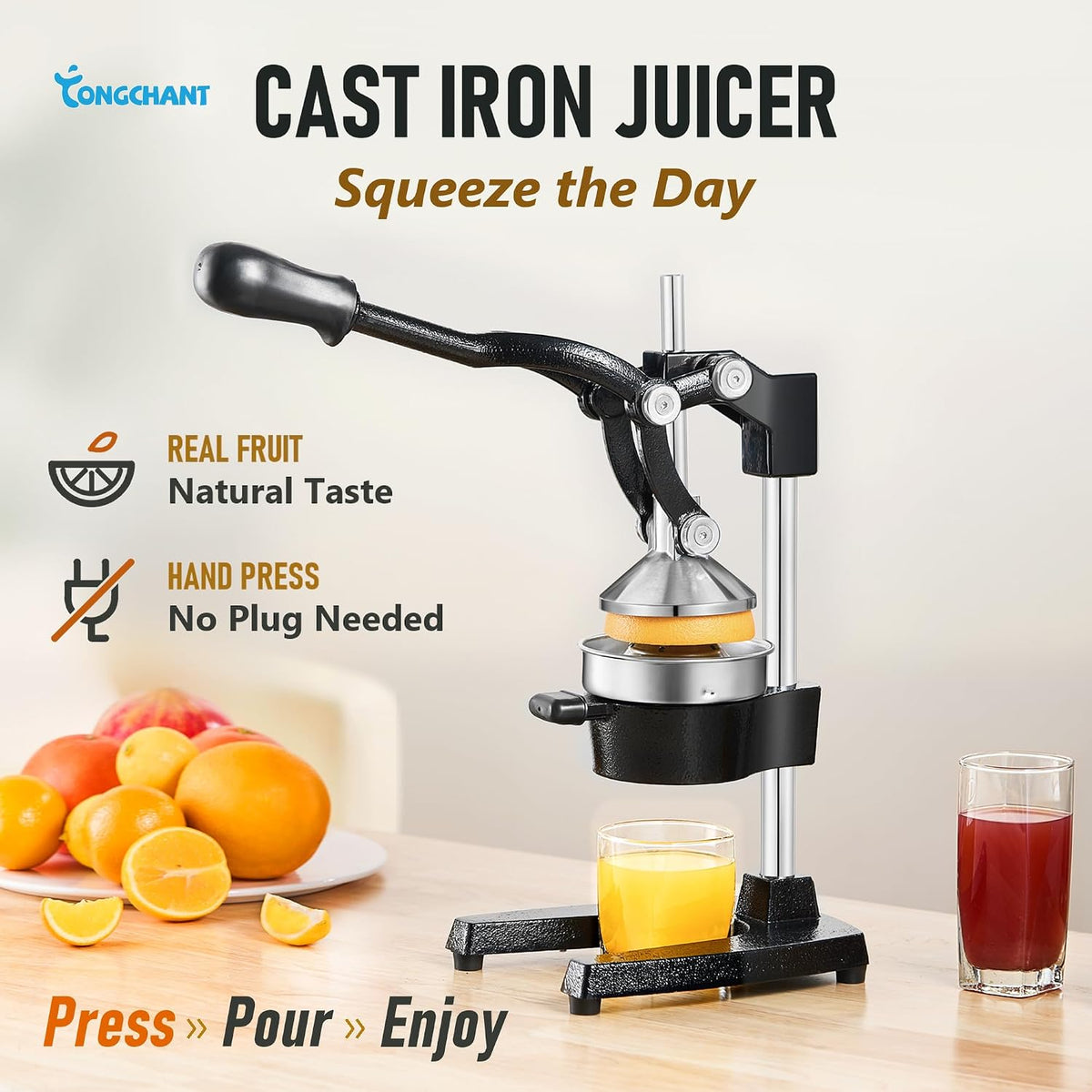 TONGCHANT Cast Iron Manual Juicer for Orange Lemon Citrus Fruit & Lime