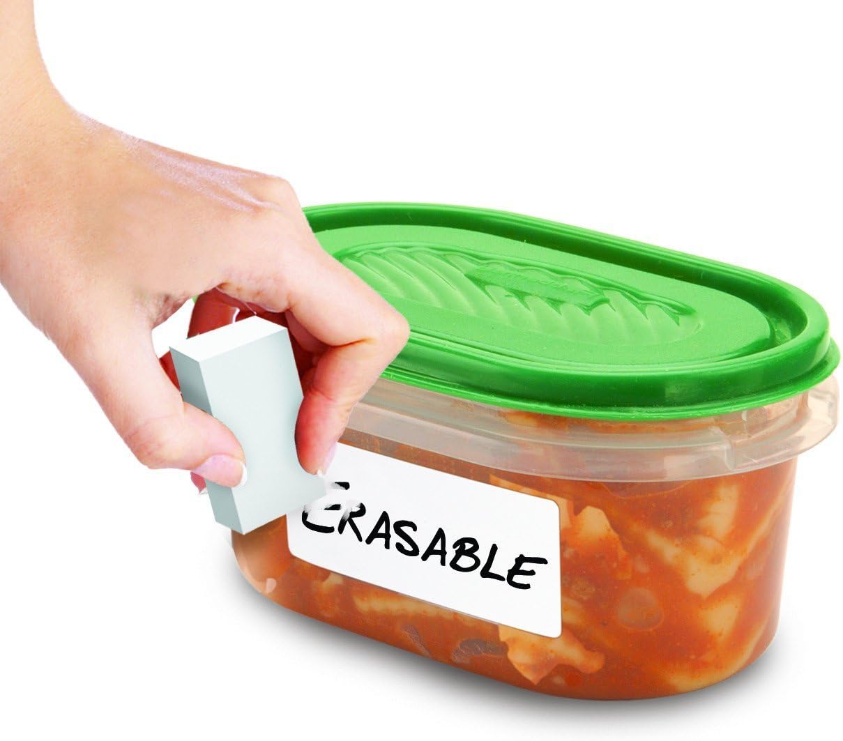 Jokari Label Once Erasable Food Labels with Marker and Eraser Reusable Removable Adhesive Labels for Kitchen Storage Freezer Dishwasher and Microwave Safe 70 Pack