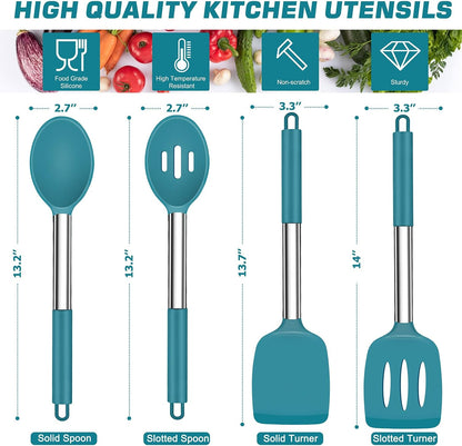TeamFar Kitchen Utensils, 4 PCS Silicone Cooking Utensils Spatula Spoon Set with Stainless Steel Handle, for Frying Mixing Draining Turning, Healthy & Heat-proof, Non-stick & Dishwasher Safe - Black