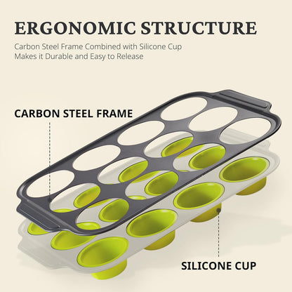 BRONYPRO Silicone Muffin Pans for Baking with Metal Frame, Egg Bite Molds, Cupcake Pans 12 Regular Size, Muffin Tins Easy to Pop Nonstick Non Toxic Bakeware for Oven,Blue