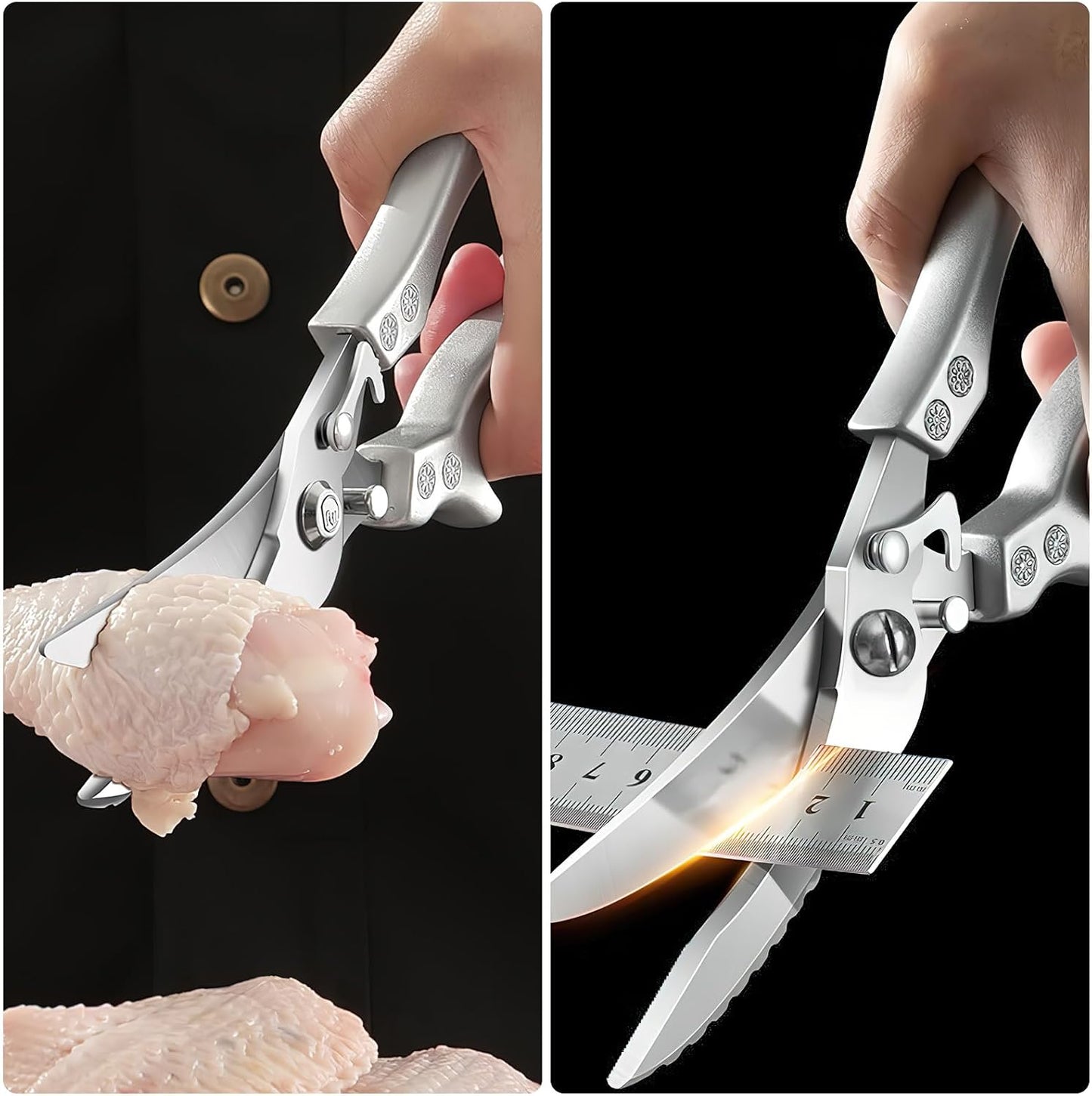 Zicolu Poultry Shears Heavy Duty Professional, Multipurpose Kitchen Shears with Sheath, Spring-Loaded Stainless Steel Chef Scissors Cutting Bone, Chicken, Fish, Food, Meat, Full Steel Handle Silver