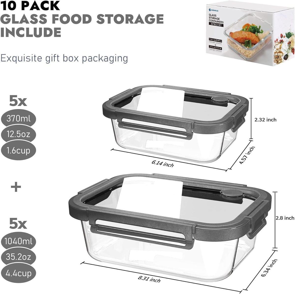 5-Pack Borosilicate Glass Containers with Tempered Glass Lids, 35.2oz/4.4 Cup Airtight Meal Prep Set, Microwave/Freezer Safe (Gray)