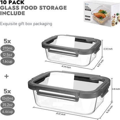 5-Pack Borosilicate Glass Containers with Tempered Glass Lids, 35.2oz/4.4 Cup Airtight Meal Prep Set, Microwave/Freezer Safe (Gray)