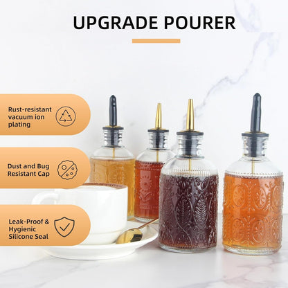 Simple Syrup Bottles Set of 4, Glass Coffee Syrup Dispenser Bottles 7 OZ With Metal Pour Spout, Labels and Stopper, Glass Syrup Dispenser for Maple Honey Syrup Oil and Sauces, LC004 (4 Pack)