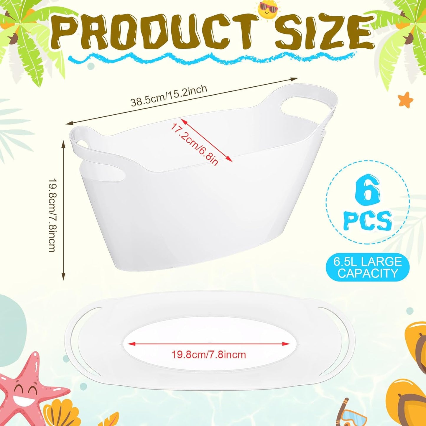 meekoo 6 Pack 6l Ice Bucket for Parties, Plastic Beverage Tub with Handles, Portable Ice Drink Bucket for Wine, Champagne, Beer, Cocktail, Large Drink Chiller for Wedding, Bar, Picnic, Pool(White)