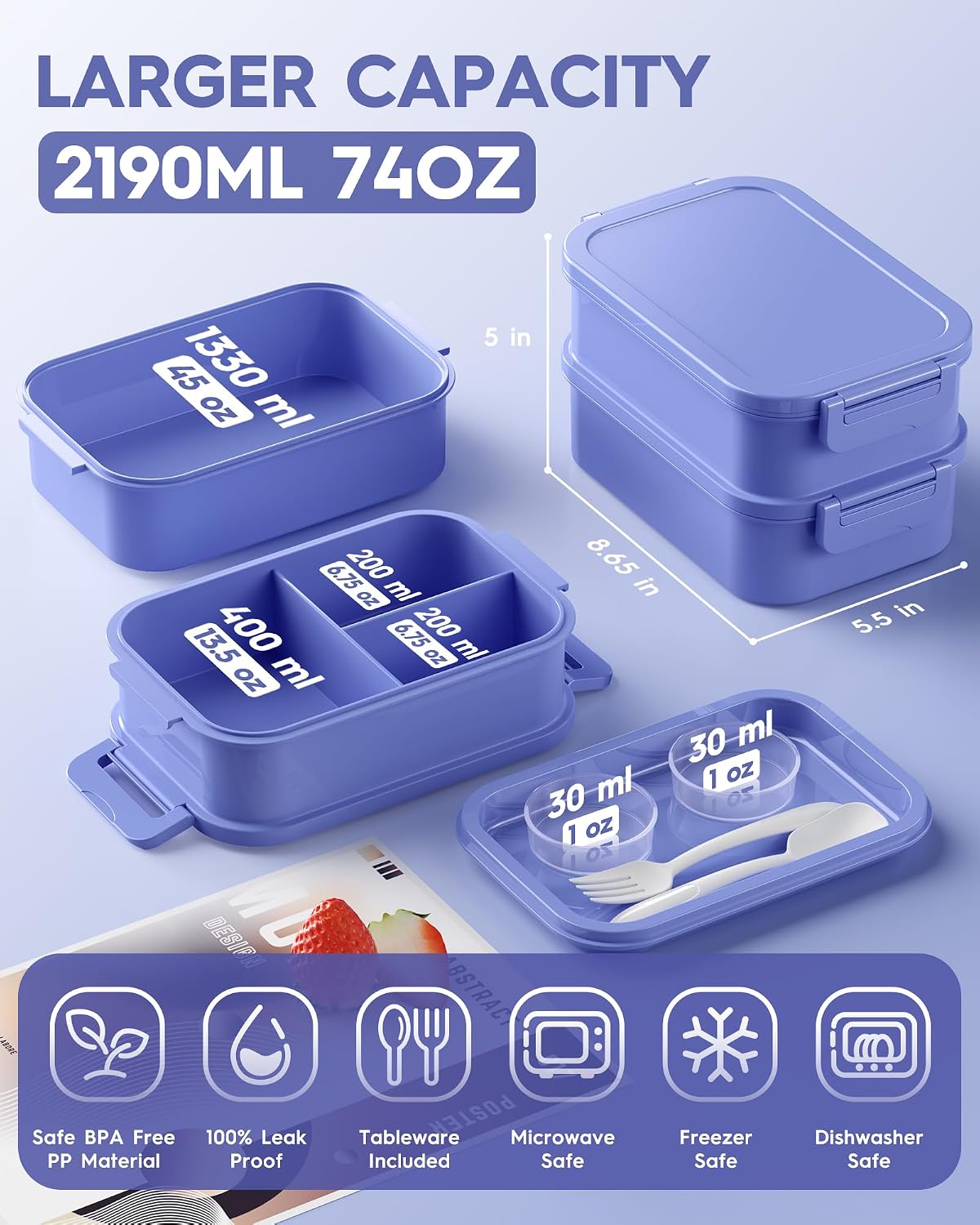 KEMETHY Adults Bento Lunch Box Set with Thermo Bag, 74oz Stackable Leak-proof 3-tiers Bento Box, Built-in Utensil and Sauce Container for Work, School, Dining Out (Gray)