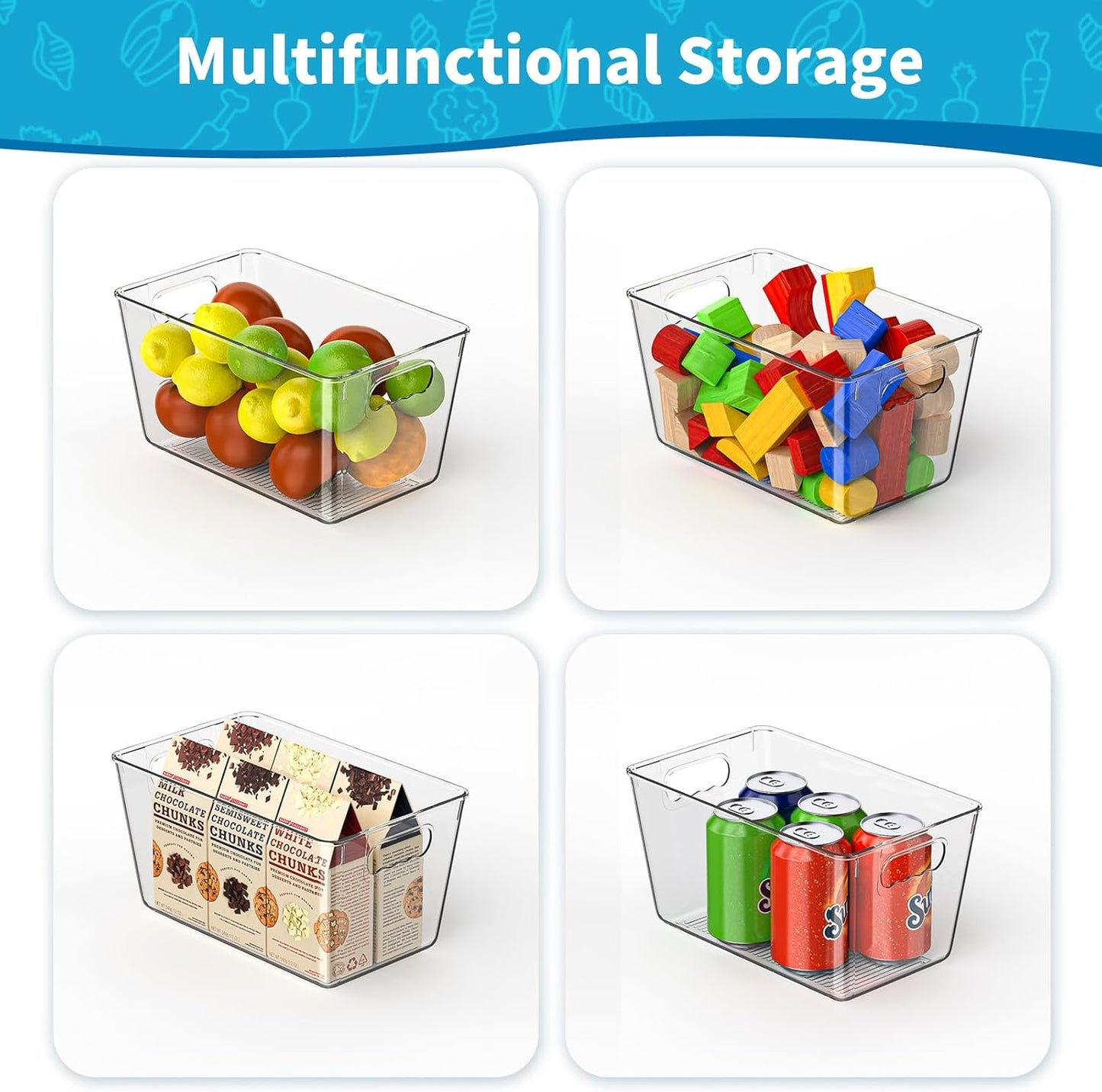 Clear Plastic Storage Bins, 4-Pack Stackable Pantry Organizers and Storage Containers for Kitchen, Fridge, Cabinet and Closet Organization - Home Essentials