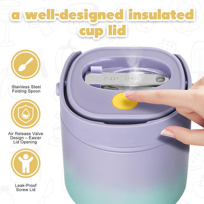 2 - in - 1 Soup Thermo for Hot Food 14oz with Snack Box Container Leak Proof Insulated Lunch Container Kids and Adults Stainless Steel Double Wall Vacuum Wide-mouth Thermal with Spoon and Handle