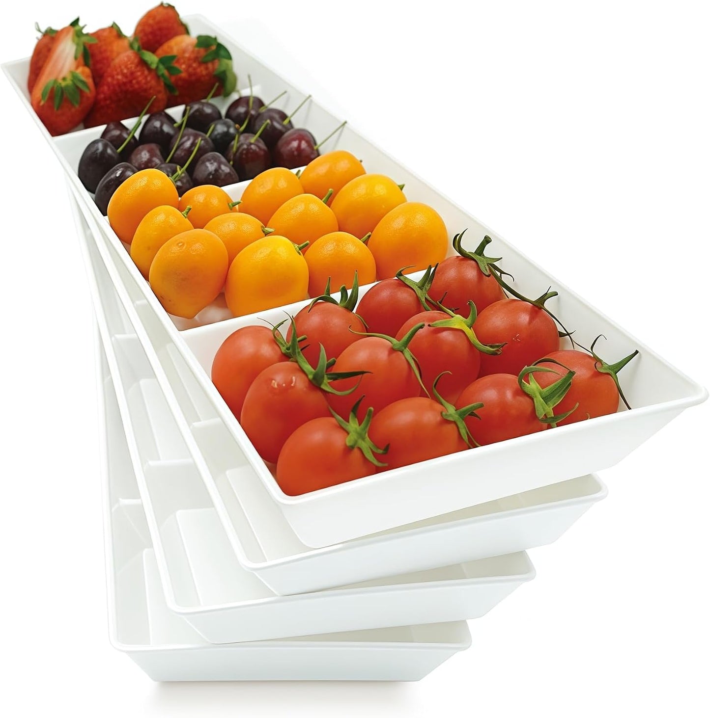 Divided Serving Tray Platter, 4 Pack 15" x 10" Fruit Veggie Food Tray for Party, Plastic Serving Trays for Appetizer, Snack, Dessert, Cookie, Brunch Decorations Platters, White Trays BPA-Free