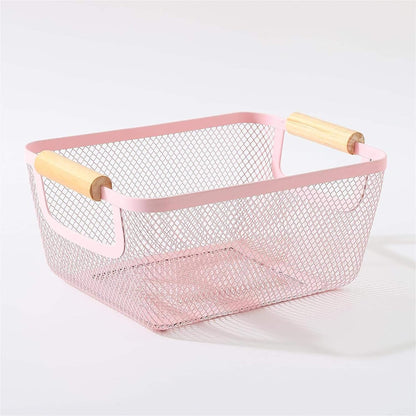 AJIODA Metal Mesh Steel Basket, Large Wire Storage Organizer Basket Multi-function Hanging Kitchen Baskets with Wood Handle for Kitchen Bathroom Picnic Home, Rectangle-Off White