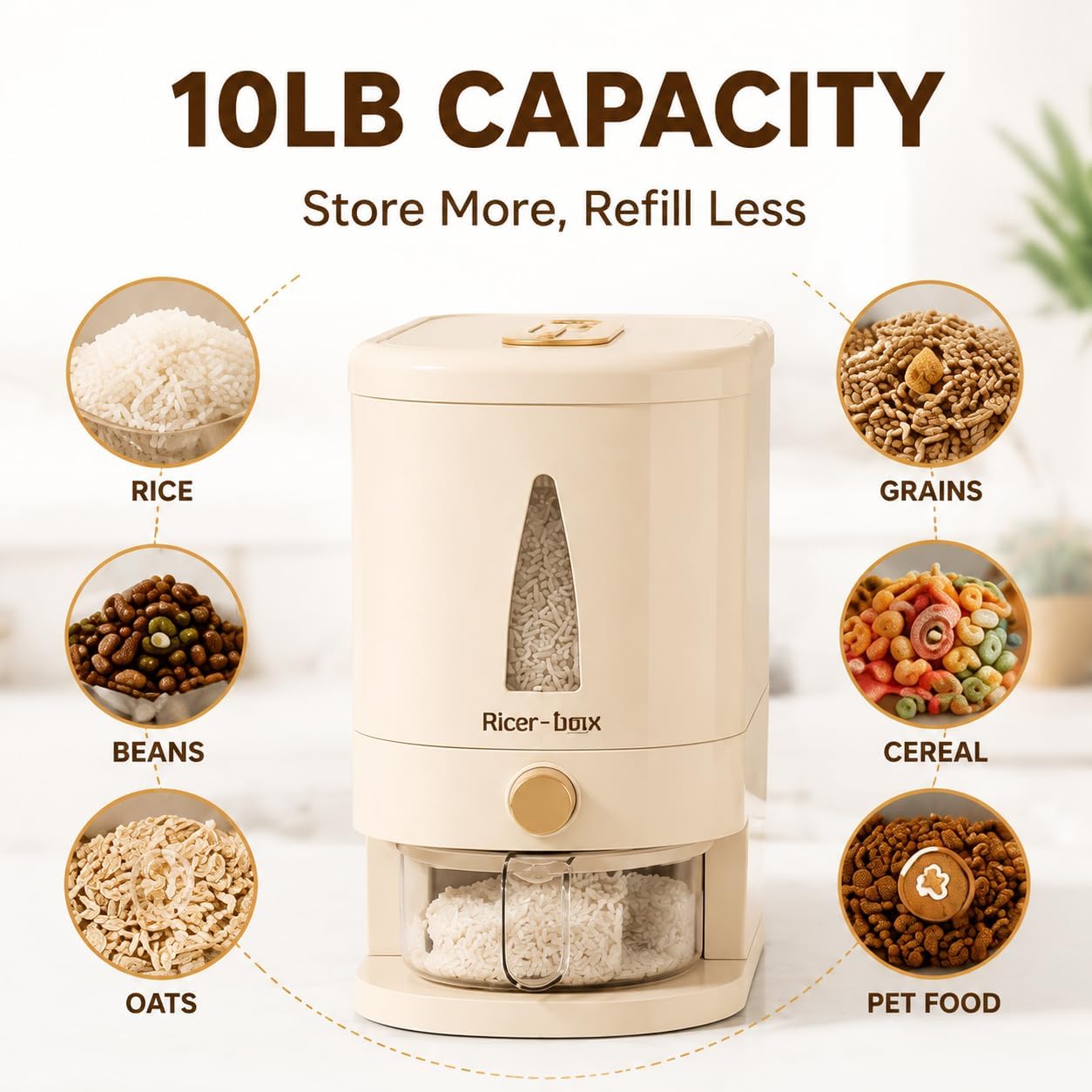 Airtight Rice Dispenser, 11lbs/22lbs Dry Food Storage Container with One-Touch Dispensing, Moisture-Proof Grain Bin with Measuring Cup for Kitchen, Countertop Organization