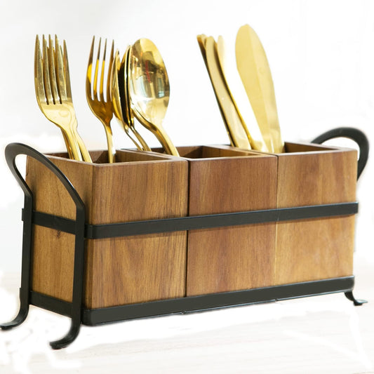 NelyBet Utensil Caddy Silverware Cutlery Holder with 3 Compartment, Wooden Utensil Crock Flatware Organizers with Metal Tray, Rustic Kitchen Utensil Organizers for Farmhouse Kitchen and Countertop
