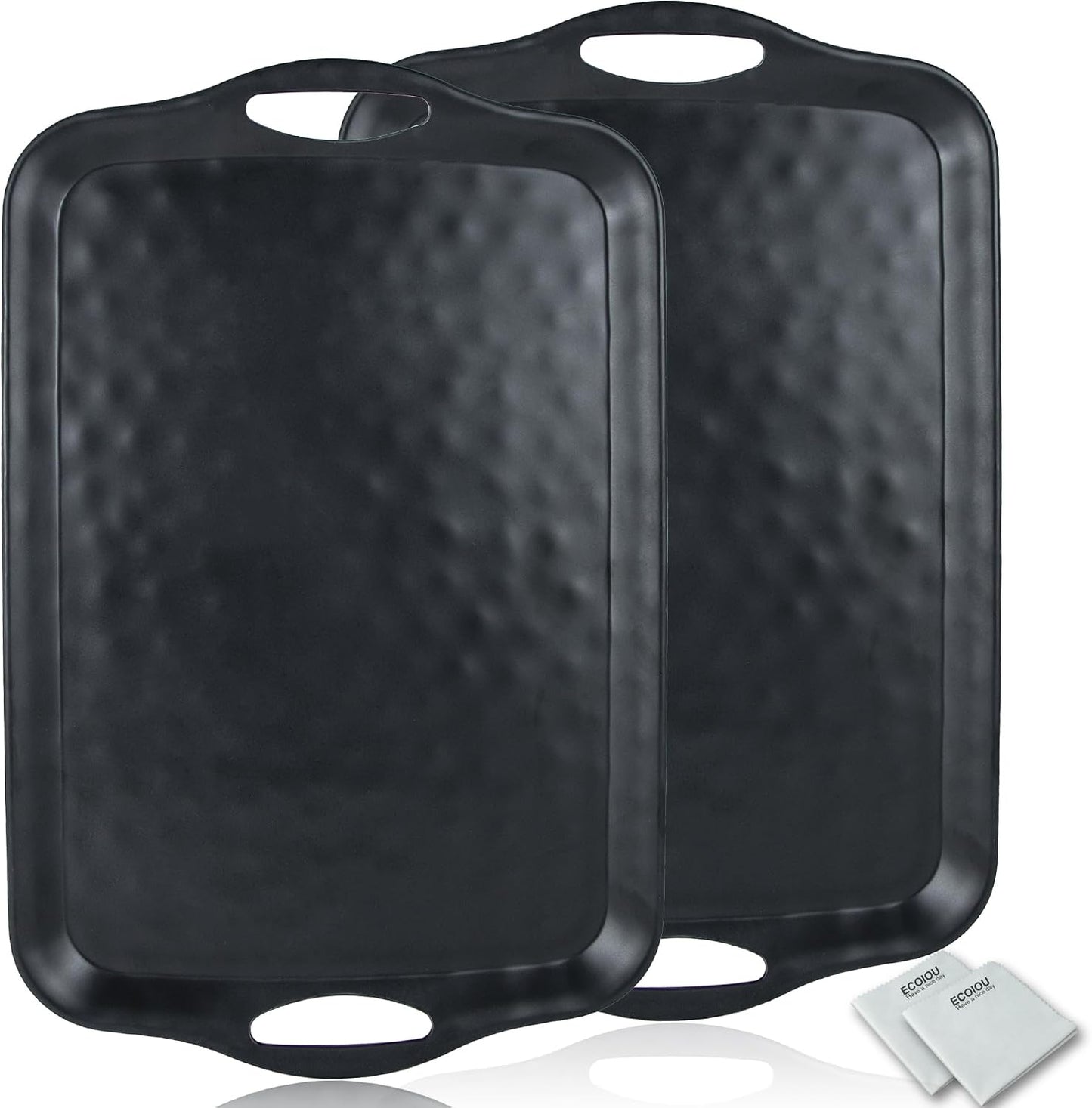 ECOIOU Extra Large Serving Tray with Handles, 20x13 inch, Set of 2 Melamine Platters for Serving Food, Turkey, Cookie, Rectangular Trays for Eating, Raised Dots Matt Finished, Dishwasher Safe, White