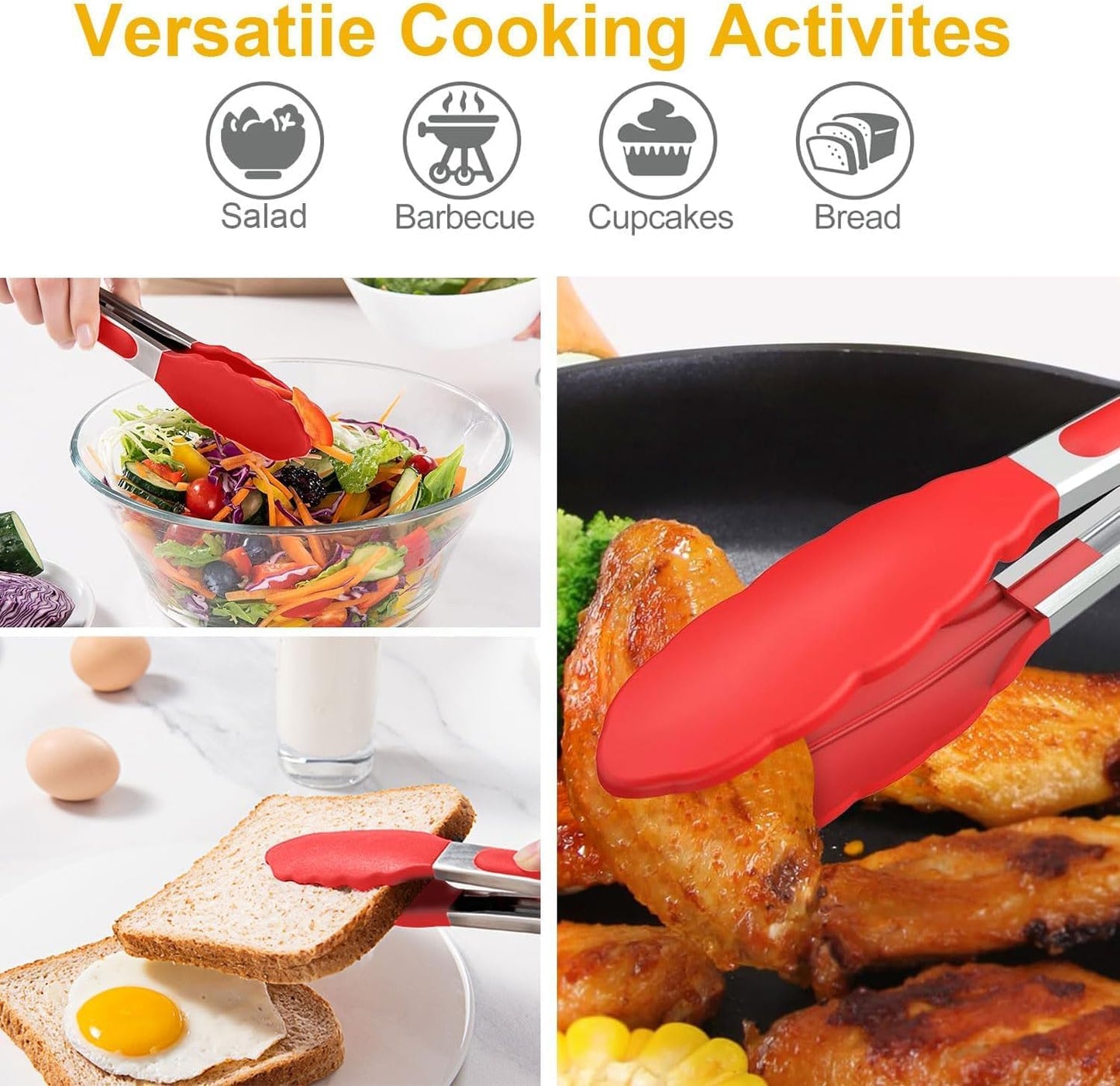Tongs For Cooking - Heat Resistant 600 Degrees Stainless Steel Kitchen Tong,Heavy Duty Metal Locking Tongs - Perfect for Food,Salad and BBQ set of 3 (7",9" and 12") Dishwasher (Red)