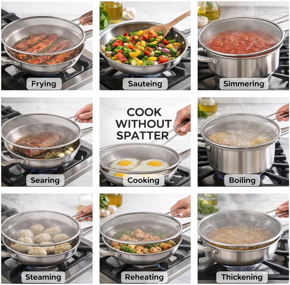 HIC Kitchen Splatter Screen, 18/8 Stainless Steel with Fine Mesh, 9-Inch, Fits Up To 8.5-Inch Pans