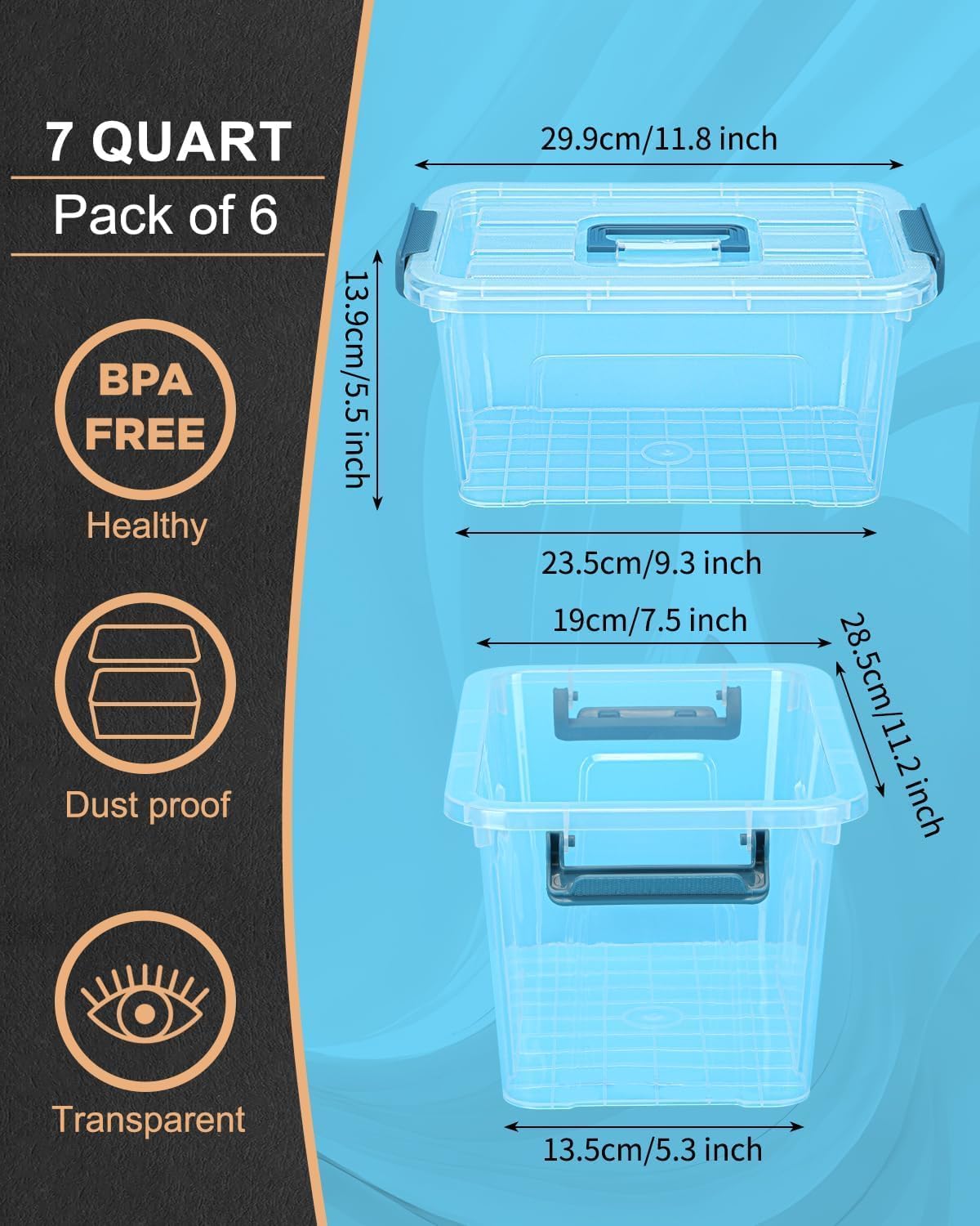 NUMIFUN 7Qt Clear Plastic Storage Bins with Lids,6 Pack | Stackable organizing totes with buckle latches & handles.Dust-proof clear design for home,office & pantry space saving