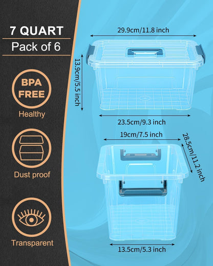 NUMIFUN 7Qt Clear Plastic Storage Bins with Lids,6 Pack | Stackable organizing totes with buckle latches & handles.Dust-proof clear design for home,office & pantry space saving