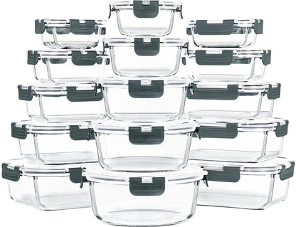 Skroam 15 Pack Glass Food Storage Containers with Lids Airtight, Glass Meal Prep Containers, Lunch Containers with Lids for Microwave, Oven, Freezer and Dishwasher Safe