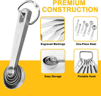 Stainless Steel Measuring Spoons Set, 6 Piece Metal Measuring Spoon Set for Dry & Liquid Ingredients, Heavy Duty 18/8 Steel with Engraved US & Metric Marks, Nesting Kitchen Spoons for Cooking Baking