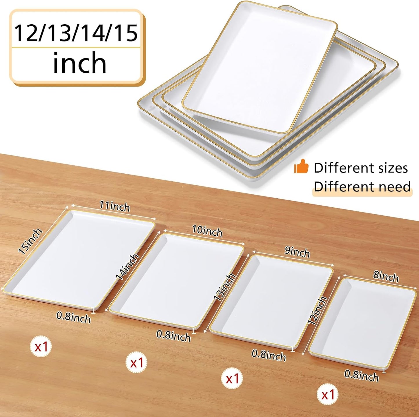 Rtteri Set of 4 Large Serving Platter Set 15/14/13/12 Inch Heavy Plastic Serving Trays Unbreakable Rectangular Platter Reusable Wood Grain Tray for Buffet Wedding Christmas Party(Black and Red)