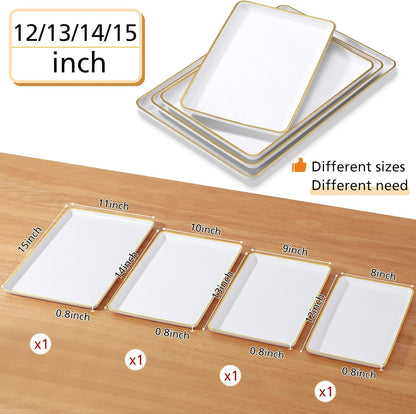 Rtteri Set of 4 Large Serving Platter Set 15/14/13/12 Inch Heavy Plastic Serving Trays Unbreakable Rectangular Platter Reusable Wood Grain Tray for Buffet Wedding Christmas Party(Black and Red)