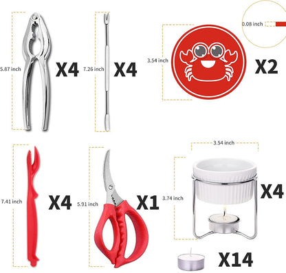 Luvan 33 Pcs Crab Crackers and Tools Set with 4 Crab Leg Crackers, 4 Crab Forks, 4 Lobster Shellers, 4 Butter Warmers, 1 Seafood Scissors, 14 Tealight Candles, 2 Crab Grabber-Seafood Boil Party Supply