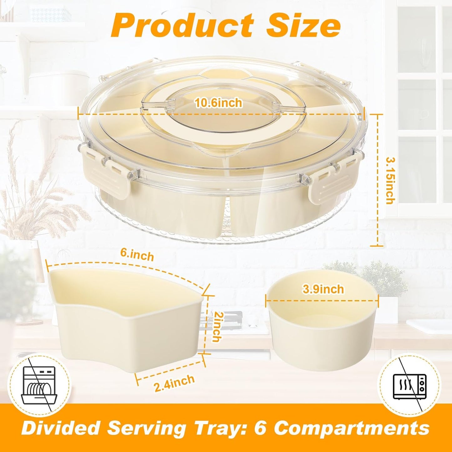 Maxdot 2Pcs Snackle Box Container Divided Serving Tray with Lid and Handle,6 Compartment Rotating Reusable Snack Portable Spinner Tray Portable Food Platter for Lunch Veggie Fruit Party Travel,10.6