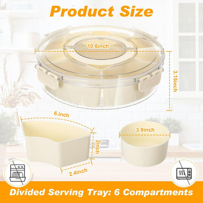 Maxdot 2Pcs Snackle Box Container Divided Serving Tray with Lid and Handle,6 Compartment Rotating Reusable Snack Portable Spinner Tray Portable Food Platter for Lunch Veggie Fruit Party Travel,10.6