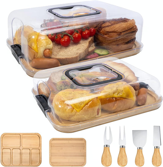 2-Pack Charcuterie Board with Lid 4" Heightened Lid - 14.2" & 13.4" Bamboo Trays Entertaining - Housewarming Warming Gifts New Home, Gifts for Women - Large Food Platter