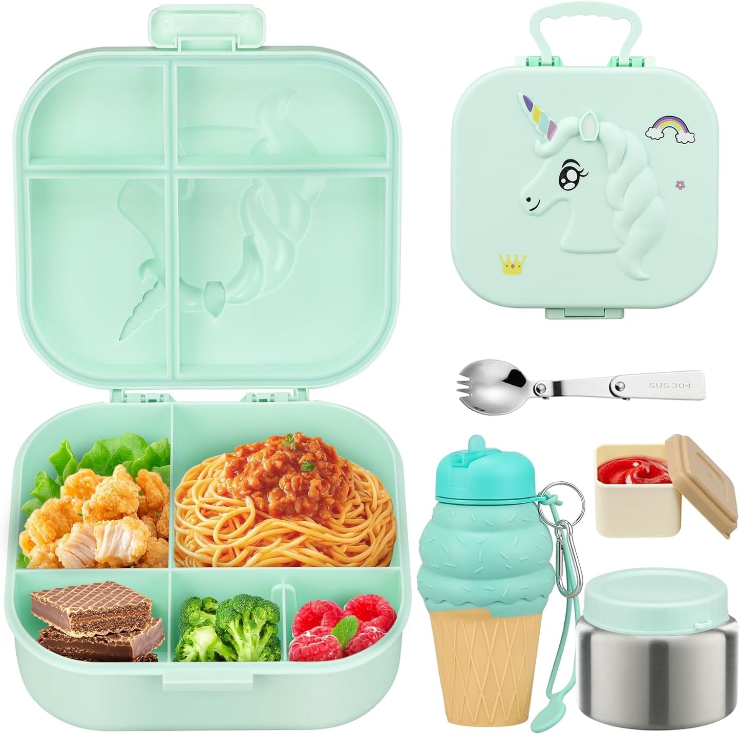 Aimsnk Magical Dinosaur Kids Lunch Box Set -12oz Insulated Food Jar, Leakproof Lunch Food Containers Cutlery, Leak-Proof Sauce Cup & Spoon, Gradient Green+Jar Green