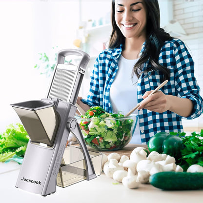 Jonscook All-in-1 Update Safe Mandoline Slicer for Kitchen, Food Chopper with Container, Thickness Adjustable Vegetable Chopper, Potato French Fry Cutter Tomato Apple Slicer Onion (BlackKnight)