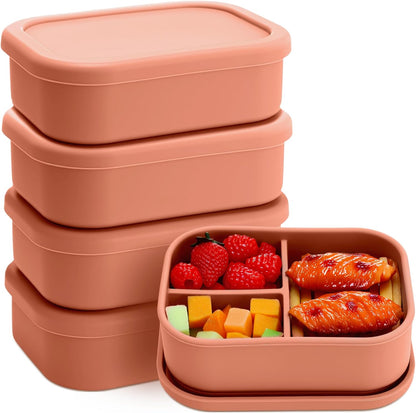 Honeydak 6 Pcs Silicone Bento Box Reusable Silicone Bento Lunch Container for Adults Microwave Dishwasher Freezer Safe 3 Compartment (Light Colors)