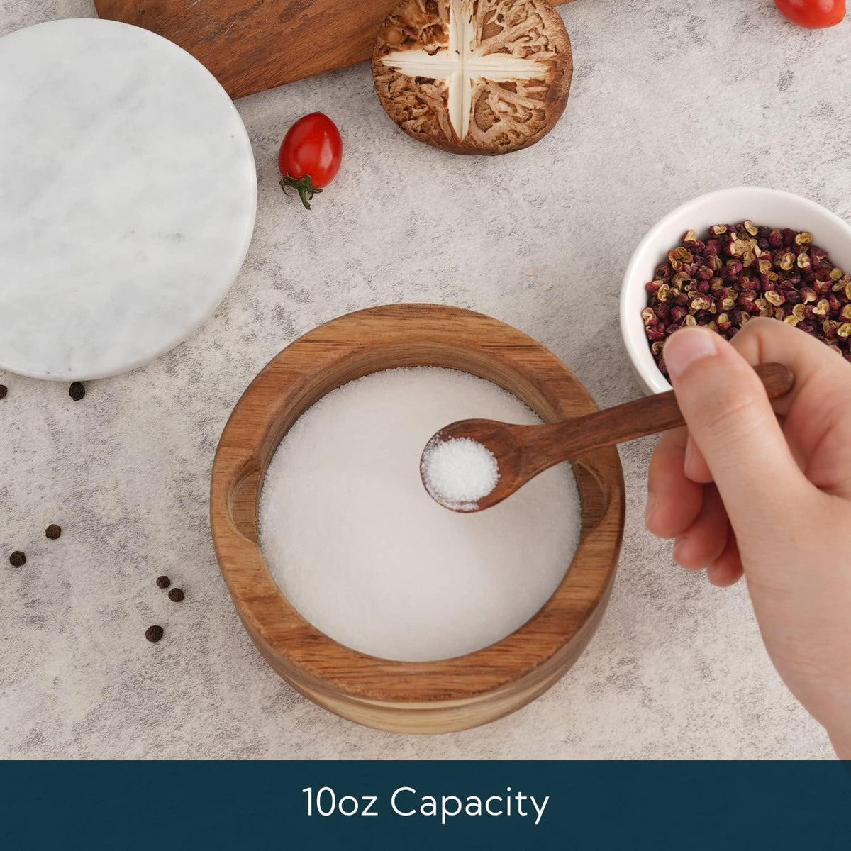 KITCHENDAO Large Acacia Salt Cellar Box Bowl with Built-in Spoon and Marble Lid, Solid Natural Acacia Wood Bath Sea Salt Container, Grey Marble Lid, Pepper Sealer Pinch Bowl, 10oz Capacity