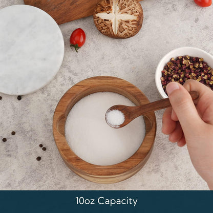 KITCHENDAO Large Acacia Salt Cellar Box Bowl with Built-in Spoon and Marble Lid, Solid Natural Acacia Wood Bath Sea Salt Container, Grey Marble Lid, Pepper Sealer Pinch Bowl, 10oz Capacity