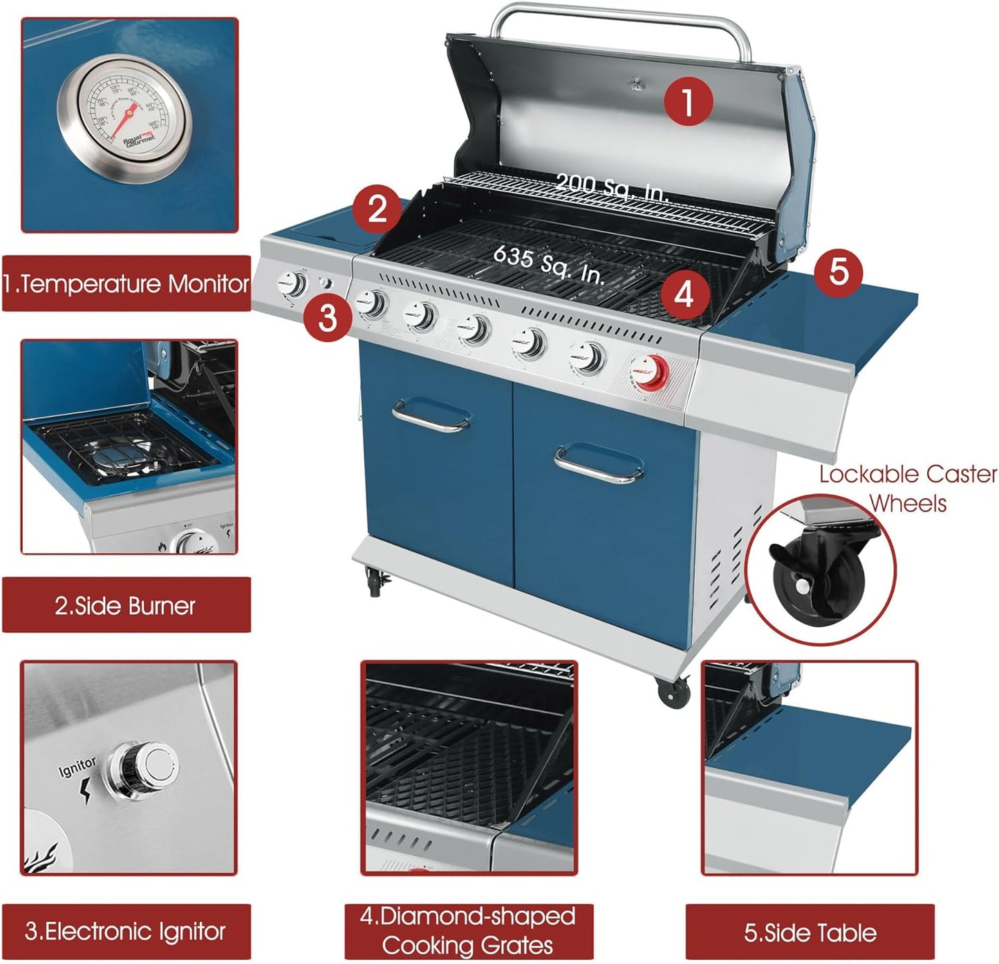 Royal Gourmet GA6402S 6-Burner Propane Gas Grill with Side Burner and Warming Rack, 74,000 BTUs, Cabinet Style Outdoor BBQ Grill for Barbecue Grilling & Backyard Cooking, Silver